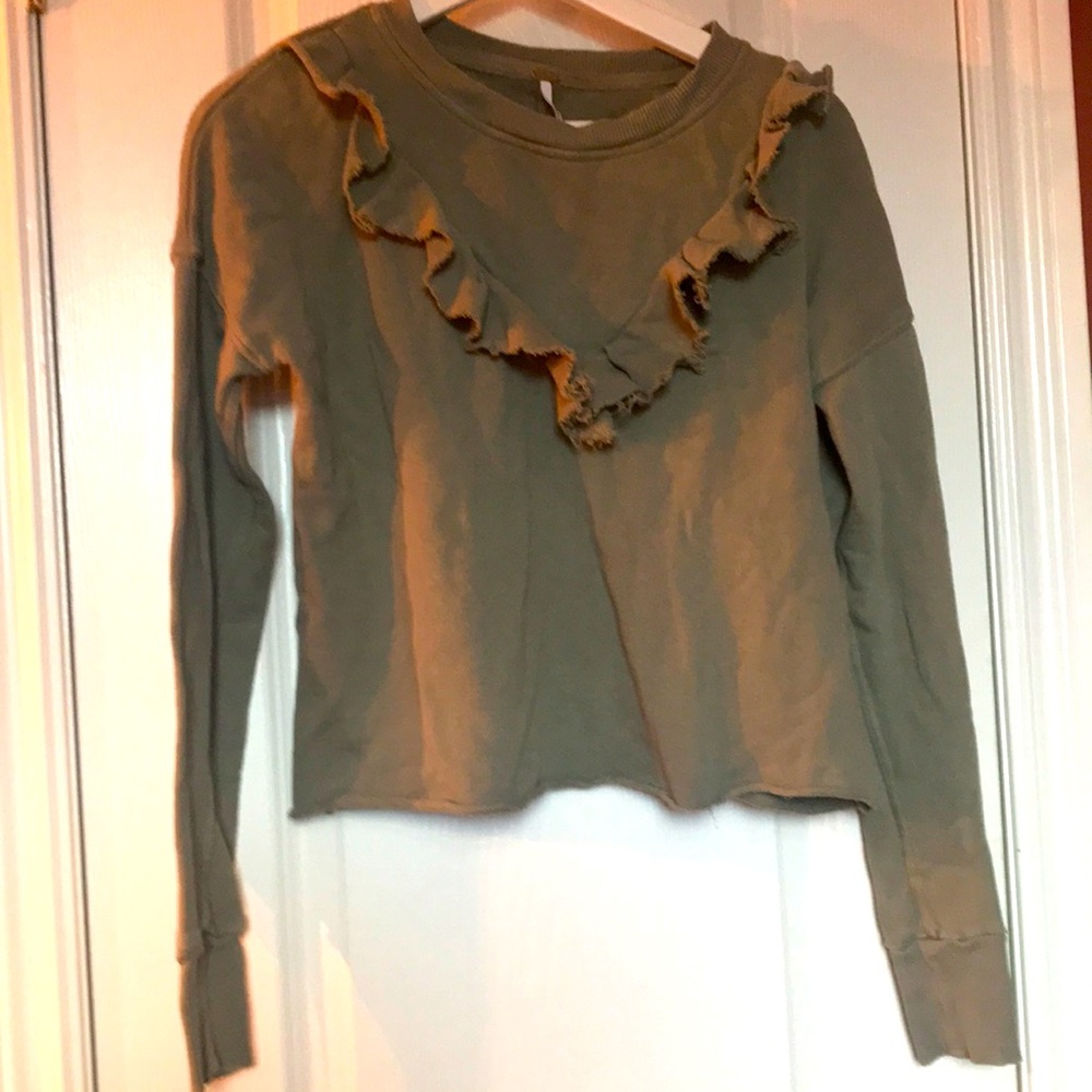 Free people sweater top shirt sweatshirt green ruffle xs 0 2